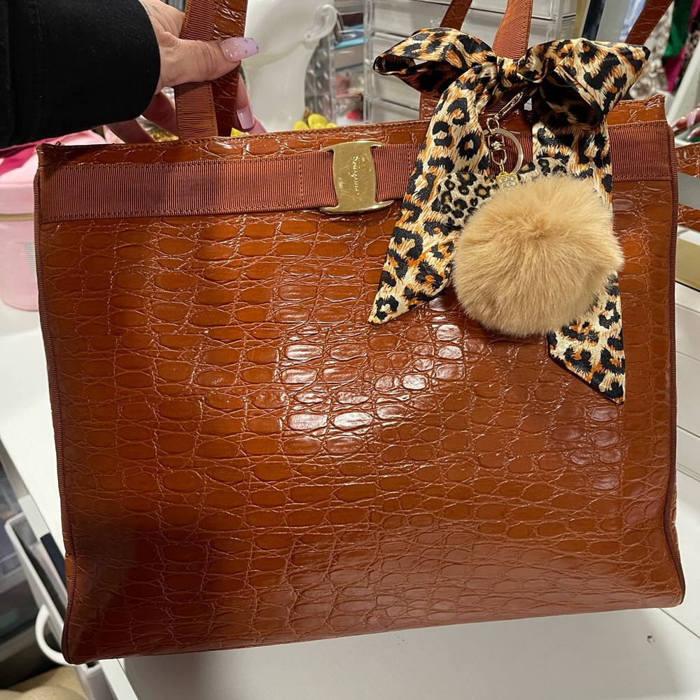 Salvatore Ferragamo Tan Crocodile-Embossed Tote
